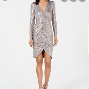New Vince Camuto Ruched Metallic Bronze V-Neck Cocktail Dress